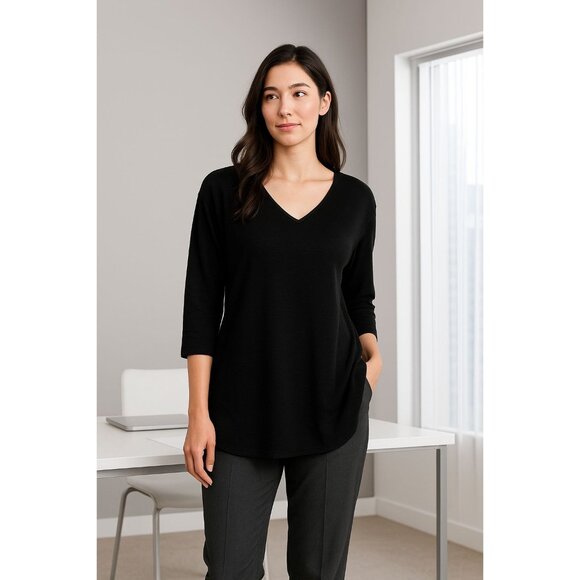 J Jill Wearever Tunic Top Petite XS Black 3/4 Sleeve V-Neck Minimalist Goth - Picture 1 of 9